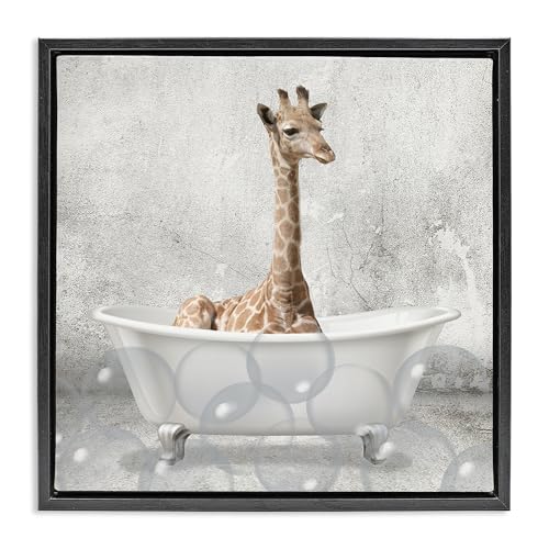 Image of Stupell Industries 'Baby Giraffe Bath Time'| Floating Frame Canvas Art | Stupell Industries | Black, 25 x 25 Inches, Easy to Hang and Sturdy, Made in USA, by Kim Allen
