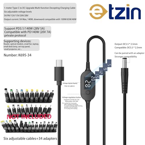 Image of ETZIN USB C to DC 5.5x2.5mm PD140W 1M /3.2FT Fast Charging Cable with Digital Display Compatible with 100W /65W /40W Support 6 Voltages 5V /9V /12V /15V /20V /28V