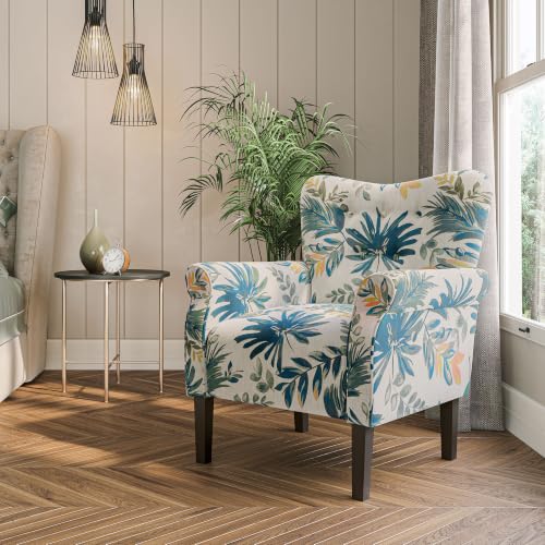 Image of BELLEZE Modern Accent Chair, High Back Armchair, Upholstered Wingback Side Chair, Padded Single Sofa with Wooden Legs for Living Room, Bedroom - Green Blue Floral
