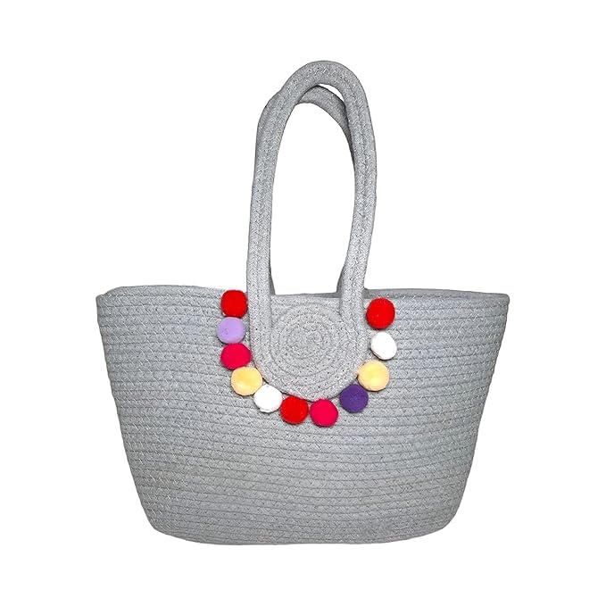 Zeblr Attractive Hand Bag |Bamboo Tote | Beach Bags for Women|Boho Bag|Handbag |Jute Bag (GREY POM POM | Size; 29 x 38 x 29 Centimeters)