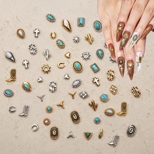 62 PCS Western Nail Charms - Ohmique 3D Vintage Western Nail Charms and Gems Art Cowboy Cowgirl Gold Silver Turquoise Gemstone Jewelry Accessories Stickers Decoration for DIY Craft