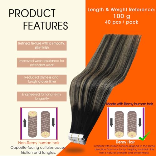 Image of Full Shine Hair Extensions Tape in Color 1B Off Black Ombre 27 Blonde And 1B Tape in Hair Extensions Human Hair 18Inch Straight Remy Extension Seamless Skin Weft 100G 40Pcs