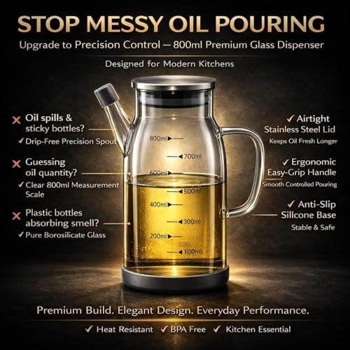 Image of 800ml Borosilicate Glass Oil Dispenser with Anti-Drip Spout & Leakproof Lid | BPA-Free Kitchen Jar with Measurement Markings | Silicone Base | For Oil, Vinegar, Soy Sauce & Seasonings(800ml)