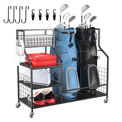 Golf Bag Organizer for Garage, Golf Storage Rack Golf Club Holder Extra Large Golf Bag Stand for 2 Golf Bags、Golf Equipment Accessorie