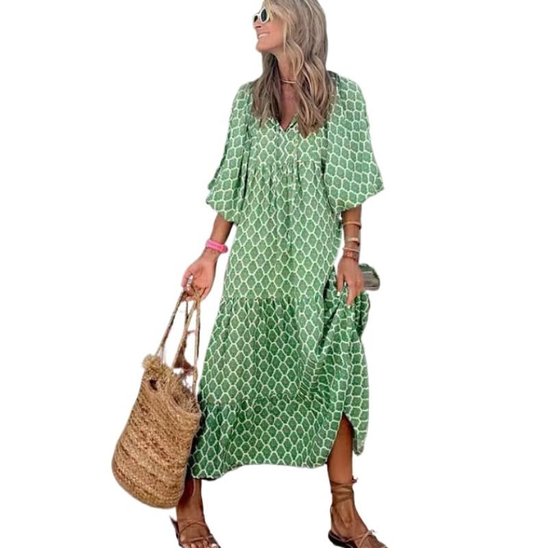 Image of Womens 2024 Casual Boho Maxi Dresses V Neck 3 /4 Puff Sleeve Geometric Pattern Smocked Ruffle Beach Long Sundress