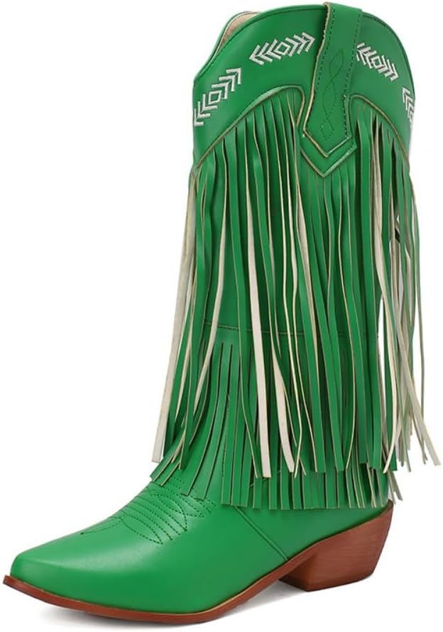 Geerta Fringe Cowboy Boots for Women Mid Calf Western Boots Embroidery Cowgirl Pull-On Pointy Toe & Wide - Plus Size Comfortable Walking Lightweight Running Standing All Day Trendy Rave Streetwear