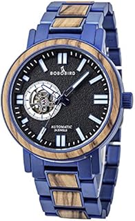 BOBO BIRD Mens Automatic Mechanical Watches Luxury Men Wood Stainless Steel Japan Movement Watch Wooden Wrist Watch Gift Idea for Him (Blue)