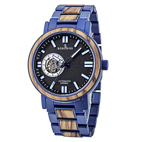 BOBO BIRD Mens Automatic Mechanical Watches Luxury Men Wood Stainless Steel Japan Movement Watch Wooden Wrist Watch Gift Idea for Him (Blue) 
