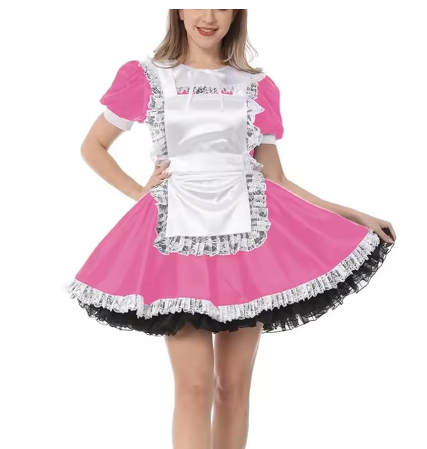 YGZHANYUANOKU Sissy - Vestido de sirvienta dulce cospiay, disfraz de sirvienta de manga corta abombada con delantal, adornos de encaje, mini vestido plisado, uniformes de fiesta, rosa, 4XL