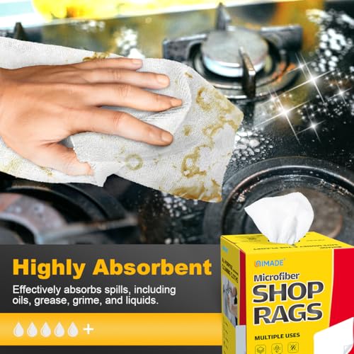 Image of UNIMADE Shop Rags, 4 Boxes - 400 Sheets Microfiber Cleaning Cloth | Commercial Grade Washcloths Lint-Free Bulk Shops Towels for Cars Mechanic Restaurant Garage Housekeeping, 11 inchx 9 inch, White
