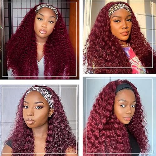 Image of Punmasa Headband Wig Human Hair Deep Wave 99J Human Hair Headband wigs for women Glueless None Lace Front Wig Machine Made 150% Density human hair headband wig 18 Inch