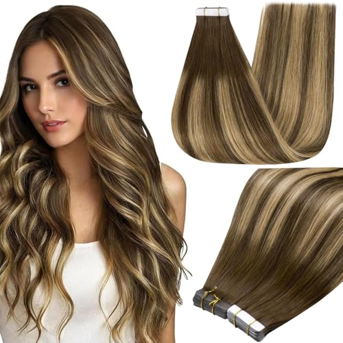 Image of Full Shine Tape in Extensions Color 4 /24 /4 Balayage Brown And Blonde Tape in Hair Extensions Human Hair 18Inch Double Sided Adhesive Extension Invisible Skin Weft 100G 40Pcs