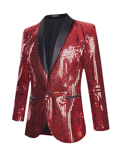 Nawgut Sequin Blazer Sparkle Suit Disco Prom Jacket Party Shiny Tuxedo Banquet Celebration Fashion Sport Coat for Mens Adult-X-Large Red