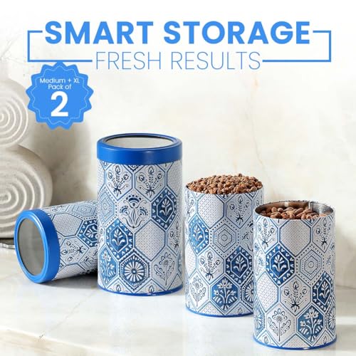 Image of Maroc Collection Airtight Kitchen Container Set| 850ML+1400ML- Set of 4| Food Grade Metal Jars for Spices, Snacks & Dry Food Storage| Vacuum Lid, Rust Resistant, Moroccan Blue Canisters