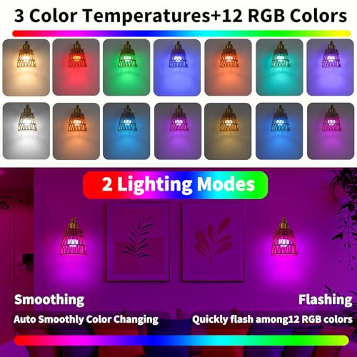 Image of Battery Operated Wall Sconce Set of 2, Gold Battery Wall Sconces, USB Rechargeable Wall Lights with 2500mAh Dimmable Bulbs and Remote, RGB 15 Colors Wireless Wall Lamps for Bedroom Living Room Hallway