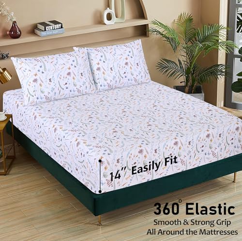 RUVANTI 100% Cotton Full Size Bed Sheets, 4 Pieces, Soft & Breathable Percale Weave Bedding, Deep Pocket 16", Hotel Standard, Crisp Cool Feel, Durable, Perfect Sheet Set Floral, Fern Class