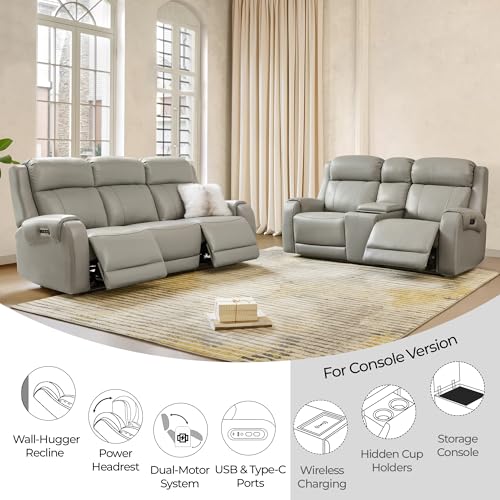 Image of CHITA Genuine Leather Power Recliner Sofa, 3 Seater with Console, Grey