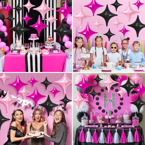 Image of Hot Pink Black Star Balloons,12Pcs Four Angle Star Foil Balloons | 26Inch and 10Inch Pink Black Quadrangle Star Helium Balloon for Birthday Baby Shower Wedding Party Decorations