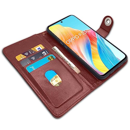 Image of Pikkme Oppo F23 5G Flip Cover Leather Finish | Inside TPU with Card Pockets | Wallet Stand and Shock Proof | Complete Protection Button Flip Case (Brown)