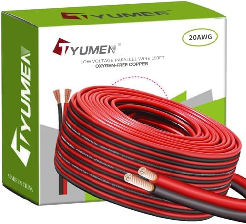 TYUMEN 100FT 20 Gauge 2pin 2 Color Red Black LED Strip Wire, 20AWG OFC 12V/24V DC Extension Cable for Single Color LED Strips 3528 5050