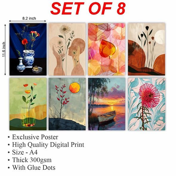 Image of CVANU Beautiful Aesthetic Floral & Flower Design Picture Printed 8pcs Wall Art Collage Kit Posters With Glue Dot Tape for Living Room| Office| Bedroom| Office| Walls Decorative Item (8.2inch X 11.6inch) 370