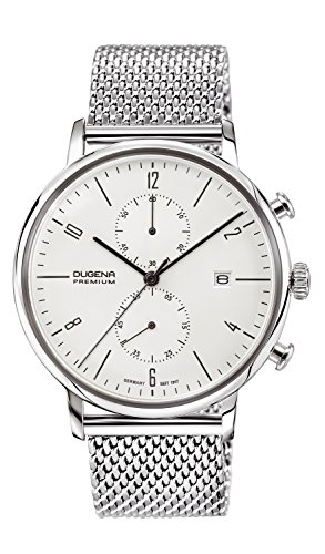 DUGENA Herren-Armbanduhr 7090239 Dessau, Chronograph, weißes Zifferblatt, Edelstahlgehäuse, Hart-Acrylglas, Milanaiseband, Schiebeverschluss, 3 bar