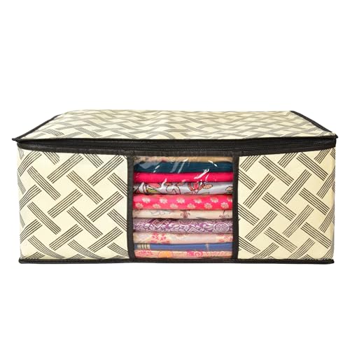 Image of Non-Woven Printed Saree Covers - Cloth Storage /Wardrobe with Transparent Window, Zipper Closure (YELLOW BLACK CHECK PACK OF 8)