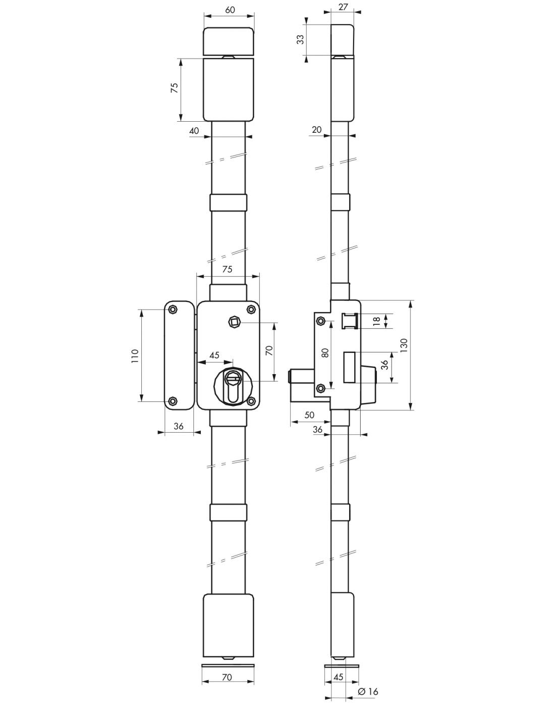 THIRARD - Serrure en Applique Beluga A2P* à Fouillot pour Entrée - Gauche - 3 Points - Porte de 1,65 à 2,25 m - Cylindre Transit2 30 x 65 mm - Axe 45 mm - Marron - 4 Clés Incluses