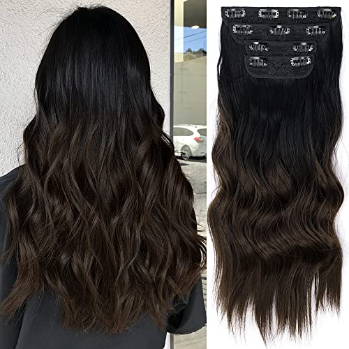 Sué Exquisite 4PCS 20 inches Long Straight Thick Hair Pieces Clip in on Hair Extensions Synthetic Fiber Double Weft Soft Hair for Women Full Head (20 Inch, Black to Chocolate Brown)
