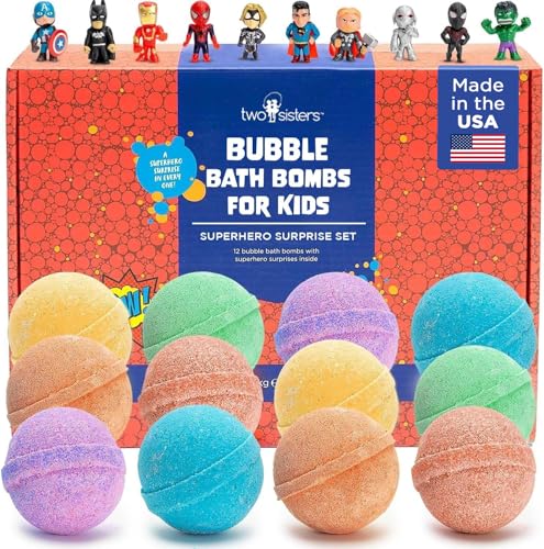 Superhero Boys Bath Bombs with Surprise Hero Toys Inside (12 Pack) - Large Bubble Bomb Fruity Scents Relaxing Aromas - Ideal Birthday Gift for Kids by Two Sisters