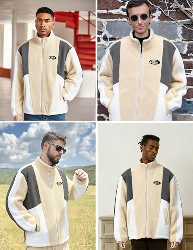 ZAFUL Men's Long Sleeve Zip Up Coat Faux Fur Ethnic Color Block Pullover Tops Pocket Drawstring Hem Oversized Outwear Jacket2