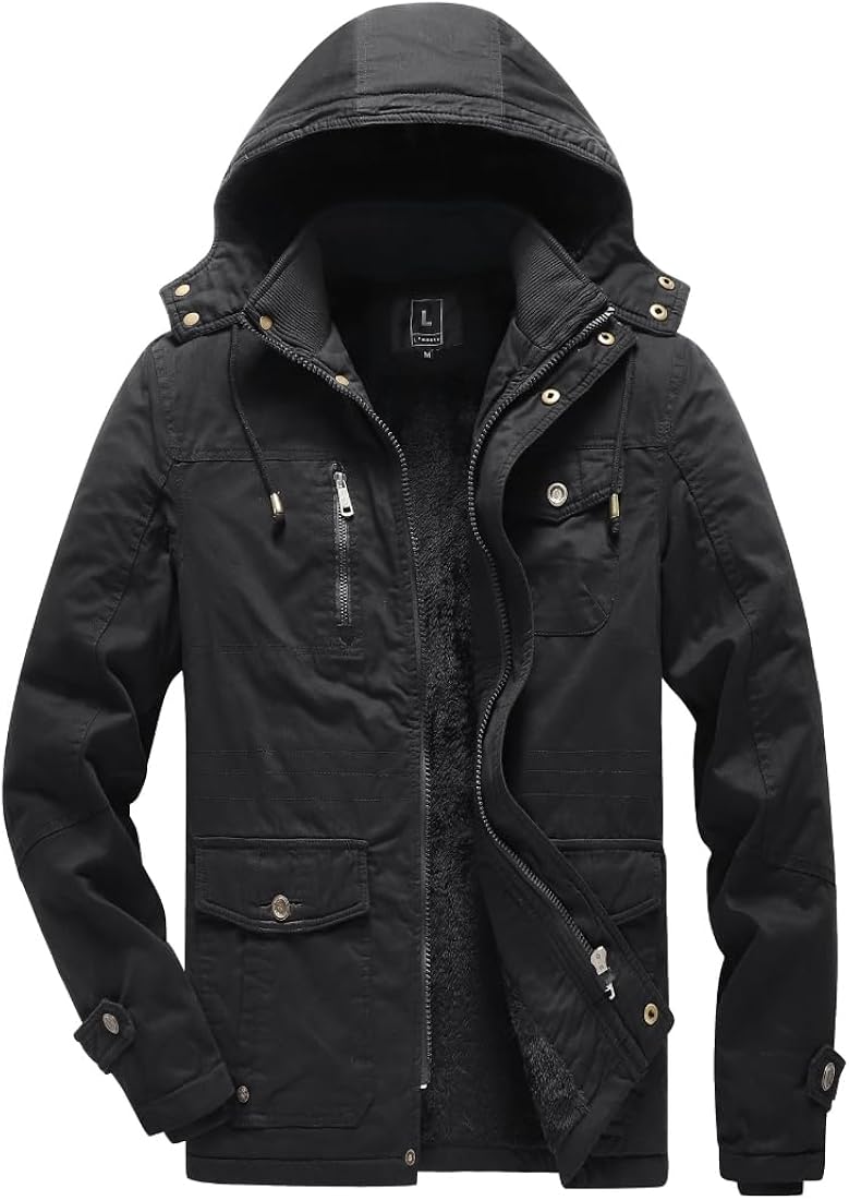 L'MONTE Imported Men's Winter Casual Cotton Fleece Lining Cargo Parka Jackets with Detachable Hood