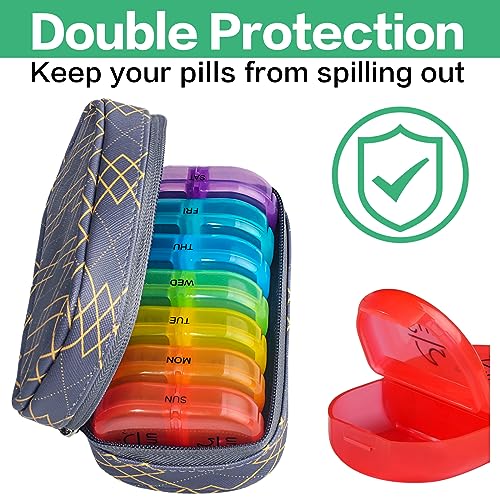 Image of Serfeymi Weekly Travel Pill Organizer 2 Times A Day AM PM Upgraded Rainbow Pill Box 7 Day with Portable Zipper PU Leather Pill Case, Medicine Organizer for Pills, Vitamins, Fish Oils - Lines 01