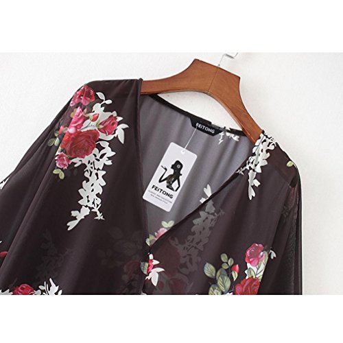 Tootu Women Chiffon Loose Shawl Print Kimono Cardigan Top Cover Up Blouse Beachwear (S, Black)