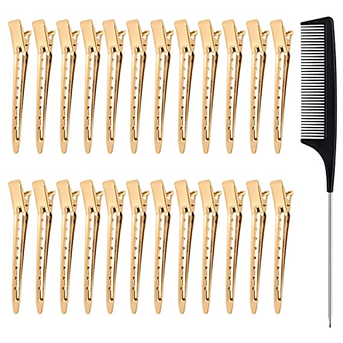 MELLIEX 24 Piezas Pinza de Pelo de Duckbill, Dorado Pinzas de 3.5 Pulgadas de Metal Clips para El Cabello Suministros de Peluquería Acero Pinzas de Cocodrilo con Agujeros