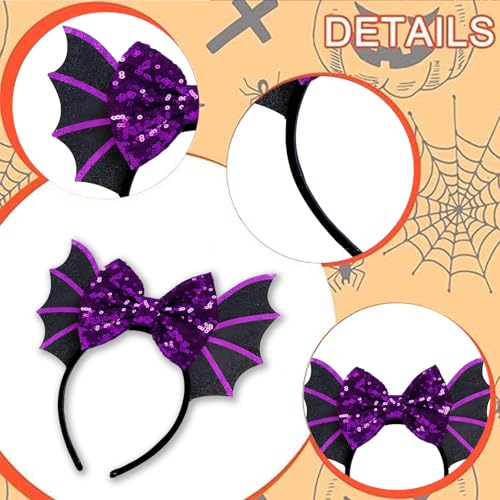 Halloween Headband Party Decorations for Girls, Halloween Hair Accessories Cute Purple Sequined Bow Bat Hair Hoop Hallowen Headbands for Women Girls Makeup Costume Decoration Party Photo Props - Image 4
