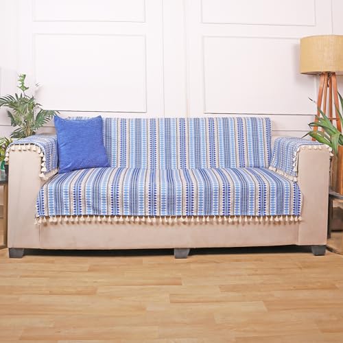 Image of STITCHNEST Woven 1 Seater Sofa Protector with 2 Hand Rest Covers - Blue & White Stripe Design - Washable Fabric with Tassels - Stylish Sofa Cover for Modern Living Room & Furniture Decor