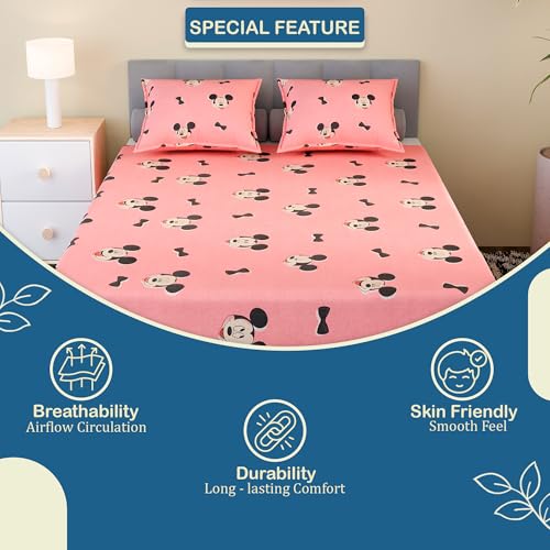 Image of Kuber Industries Cotton 144 TC Double Bedsheet With 2 Pillow Covers | Machine Washable Soft Bedsheet For Living Room, Home & Hotels | Mickey Print - Pink