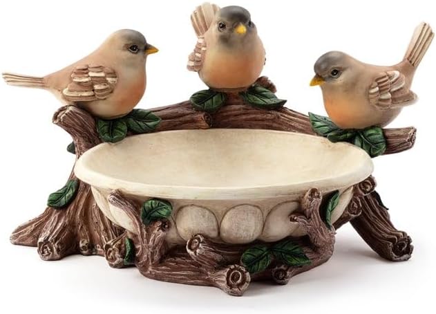 Napco Imports Decorative Home or Garden 10. x 10. Inch Birdbath or Wildlife Feeder Brown and Green Birds On Branch