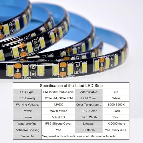Image of Super Bright Black PCB 12V SMD5630(0.5w) LED Strip Lights Without Power Supply, IP65 Waterproof, Pack of 16.4ft /5M (600LED-White)
