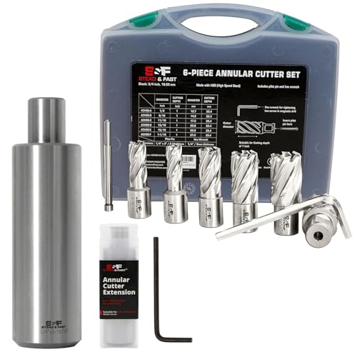 Image of Annular Cutter Set 6 Pcs, Weldon Shank 3/4”, Cutting Depth 1” & S&F STEAD & FAST Annular Cutter Extension 4"/100mm