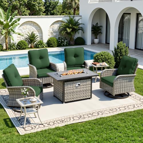 Image of 7-Piece Small Patio Furniture Set, Outdoor Swivel Rocking Chairs Set with 55,000 BTU Fire Pit Table Wicker Chairs and Tempered Glass Side Table, Patio Bistro Set for Balcony, Deck, Porch