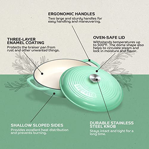 Segretto Cookware 3.6 Qt Verde Chiaro (Light Green) Cast Iron Braiser Pan With Lid, Braiser Enameled Cast Iron Casserole Pan With Cover, Lasagna Pan Enamel Cast Iron Skillet With Lid Cookware #TOP5