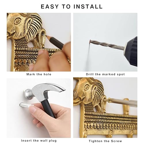 Image of BEHOMA Elephant 5 Hooks Key Holder for Wall, Aluminium, Antique Gold | Decorative Wall Mounted Key Hanger for Home Entryway, Living Room, Office, Durable Heavy Duty Key Organizer