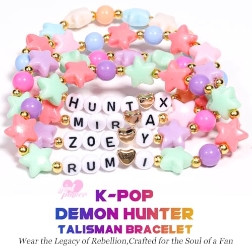 AICase for Kpop Demon Hunters Merch Rumi Zoey Mira Inspired Bracelets 4 Pcs Stackable Stretch Friendship Beaded Star Bracelets for Huntrix k pop Unique Merchandise Jewelry Gifts for Fans Women_723
