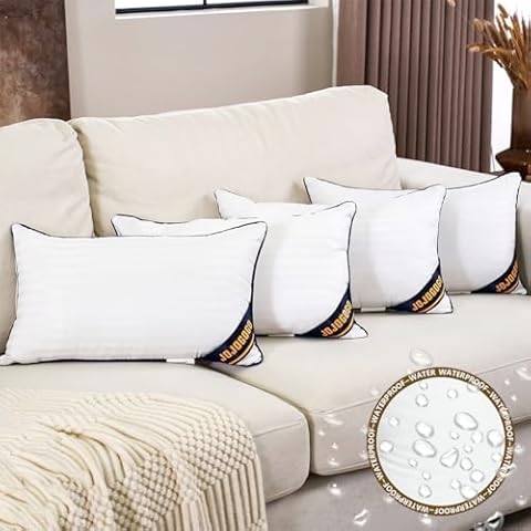 JOJOGOGO 12x20 Outdoor Lumbar Pillow Inserts Waterproof Set of 4, 12 x 20 Super Plump Decorative Rectangle Pillow Synthetic Down Alternative Lumbar Pillows for Couch Patio Furniture and Porch Cover