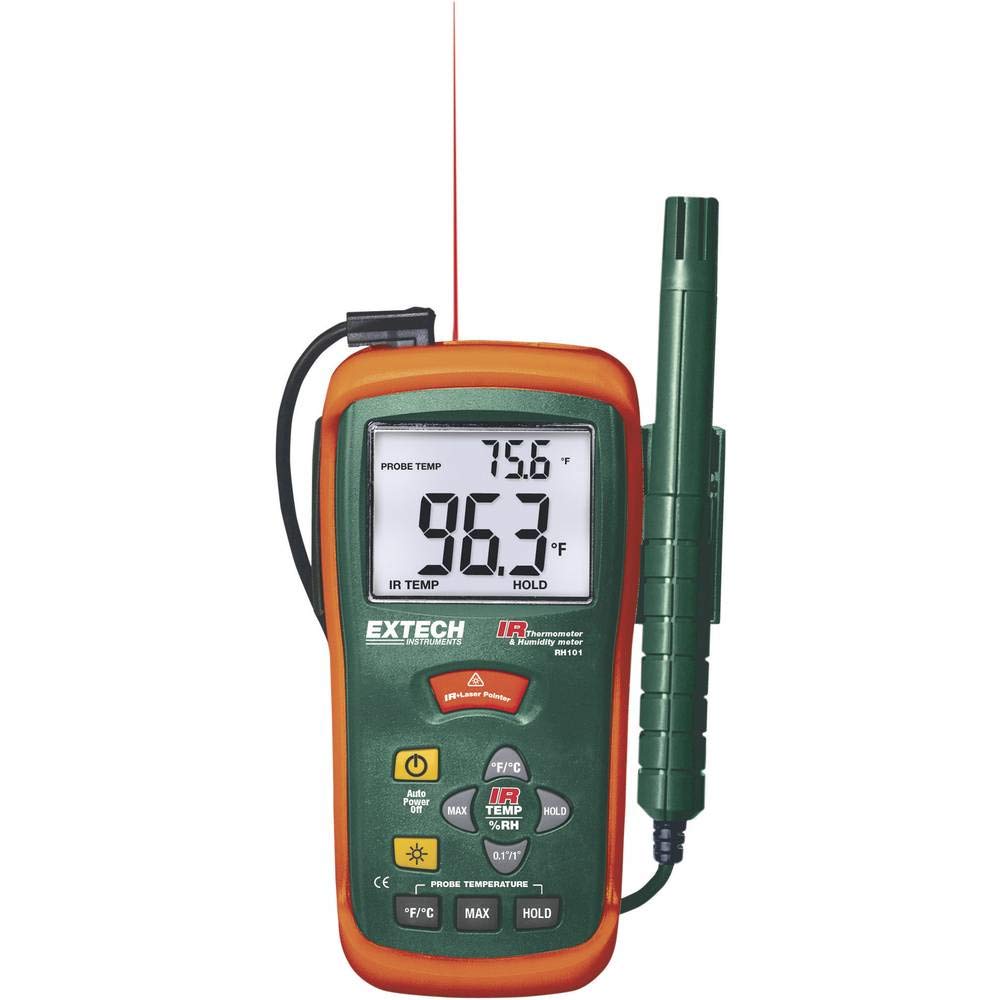 Extech RH101 Combinación de medidor de humedad y termómetro infrarrojo | RH 10-95%, Lufttemp, berührungsloses IR mit Laserpointer, Doppel-hintergrundbel. LCD, Max/Datenhaltung