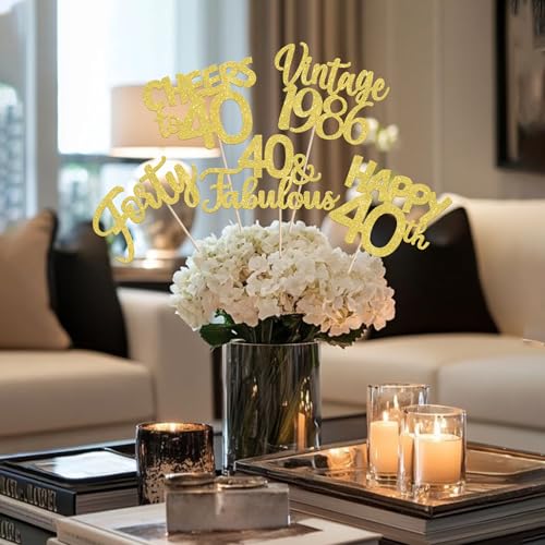 Image of 15 PCS 40th Birthday Centerpiece Sticks Double Sided Forty Happy 40th Vintage 1986 Table Flower Centerpieces Sticks Cheers to 40 Fabulous Floral Decorations for 40th Birthday Party Supplies Gold