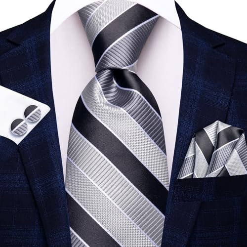 Image of Hi-Tie Paisley Floral Ties Set for Men Silk Mens Stripes Necktie Pocket Square Cufflinks Set Formal Business