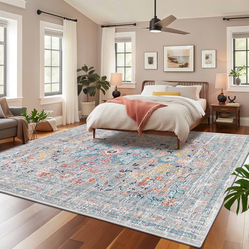Pauwer Boho Washable Area Rug 9x12 Large Soft Living Room Bedroom Floor Carpet Mat Indoor Farmhouse Vintage Non Slip Accent Throw Rugs for Entryway Kitchen Dorm Dining Room